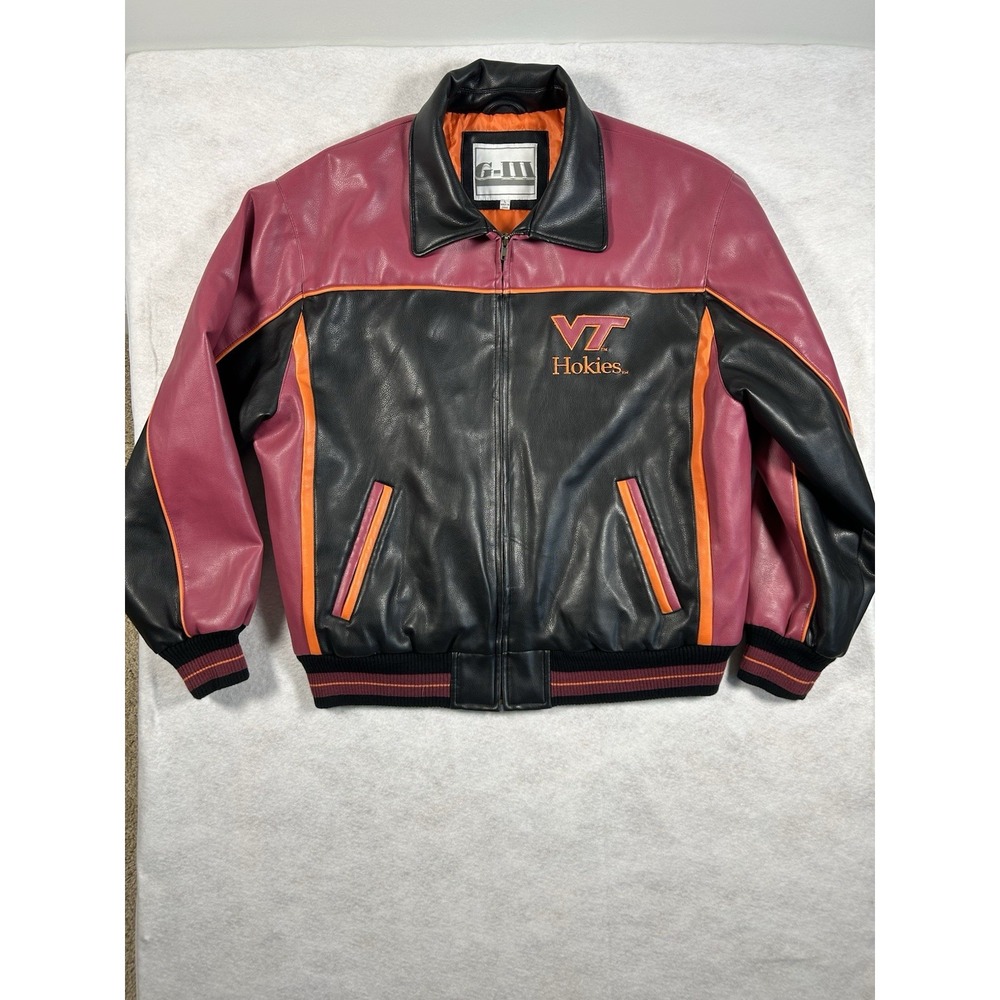 Vintage Virginia Tech Leather Jacket Mens L Faux Bomber Y2K GIII Hokies Football